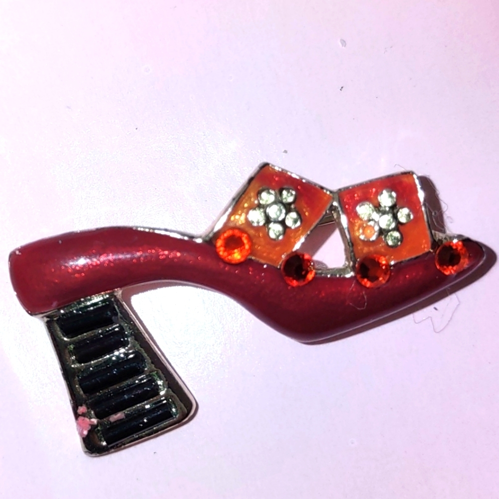 Red Hi-Heel Sandal Tac Pin w/ Orange Rhinestones